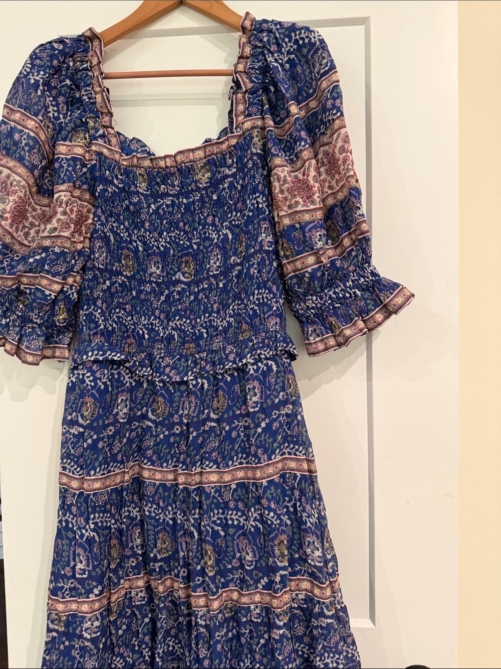 Sea New York Bohemian Smocked Midi Dress in Blue Floral